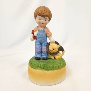 Vintage 1980s Homco Denim Days Boy and Lion Ceramic Music Box
